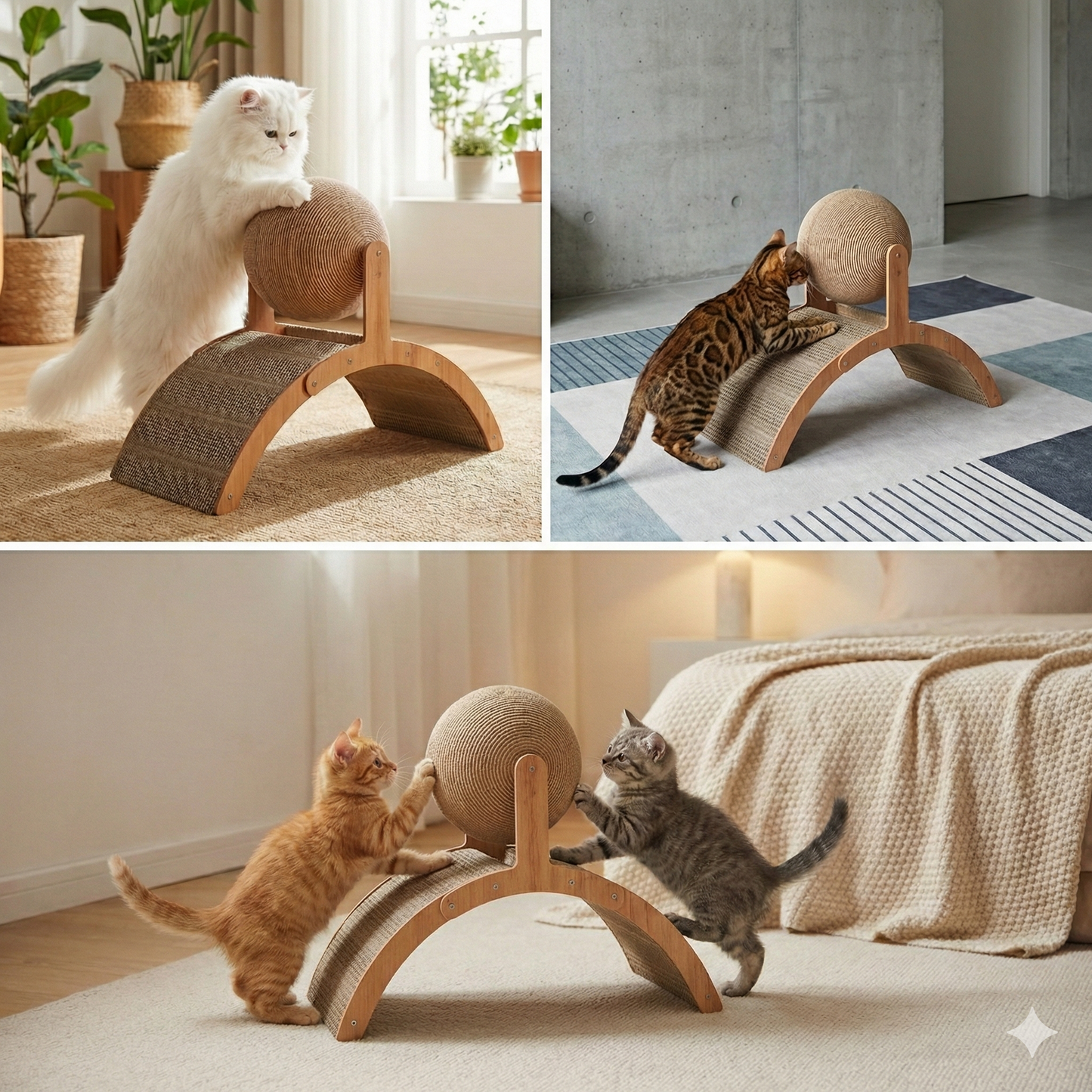 2-in-1 Wooden Cat Scratcher Arch: Spinning Sisal Ball & Corrugated Scratch Board Toy