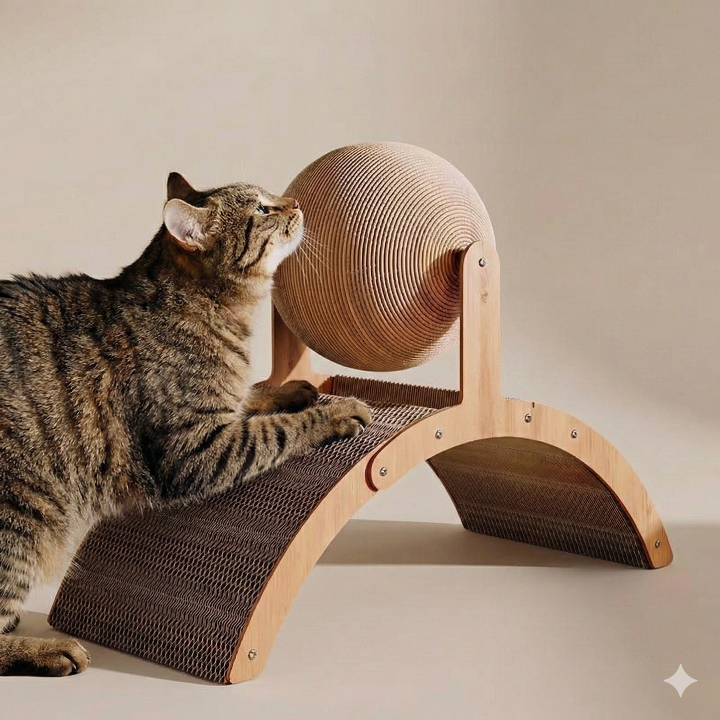 2-in-1 Wooden Cat Scratcher Arch: Spinning Sisal Ball & Corrugated Scratch Board Toy