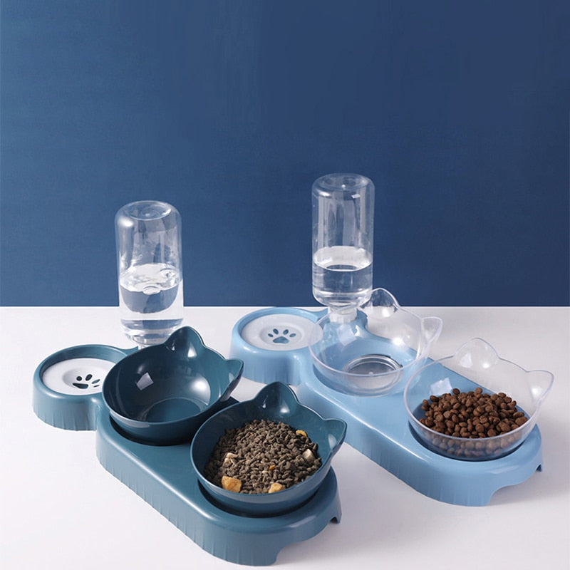 3-in-1 Cat Dog Food Bowl with Water Fountain