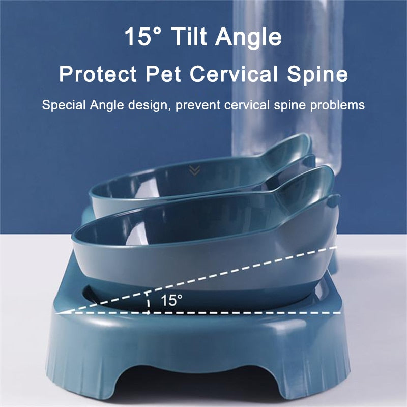 3-in-1 Cat Dog Food Bowl with Water Fountain
