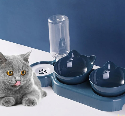 3-in-1 Cat Dog Food Bowl with Water Fountain
