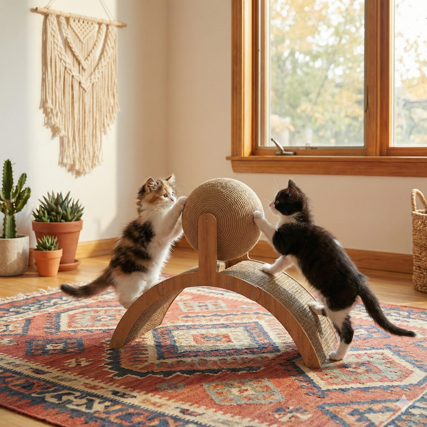 2-in-1 Wooden Cat Scratcher Arch: Spinning Sisal Ball & Corrugated Scratch Board Toy