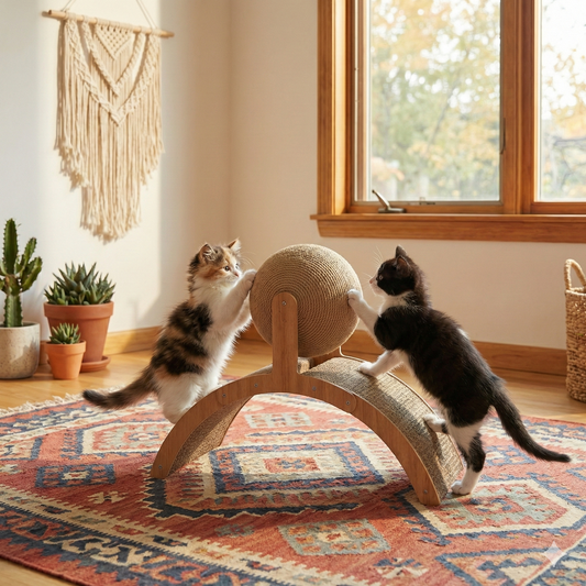 2-in-1 Wooden Cat Scratcher Arch: Spinning Sisal Ball & Corrugated Scratch Board Toy